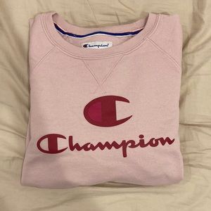 Champion sweatshirt, pink with red lettering, size medium